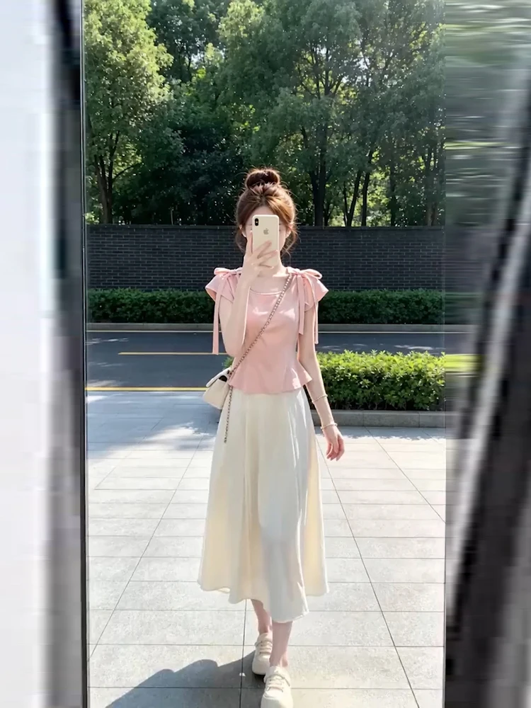 

Stunning Knot Short Sleeve A-Line Skirt Two-Piece Set Women's Summer Fashion Unique Beautiful Casual Style
