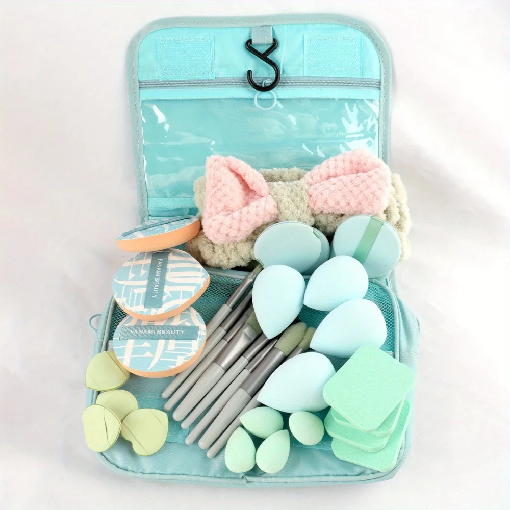 24/33-teiliges Premium-Make-up-Set mit Make-up-Reinigungswerkzeugen, Gesichtswasch-Stirnband, Puderquasten, Schwämme, reisefreundliches Beauty-Set