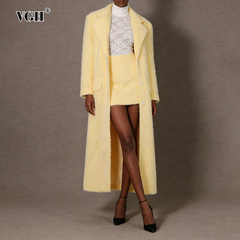 VGH Solid Slimming Elegant Two Piece Sets For Women Lapel Long Sleeve Trench Coat High Waist Skirt Temperament Set Female New