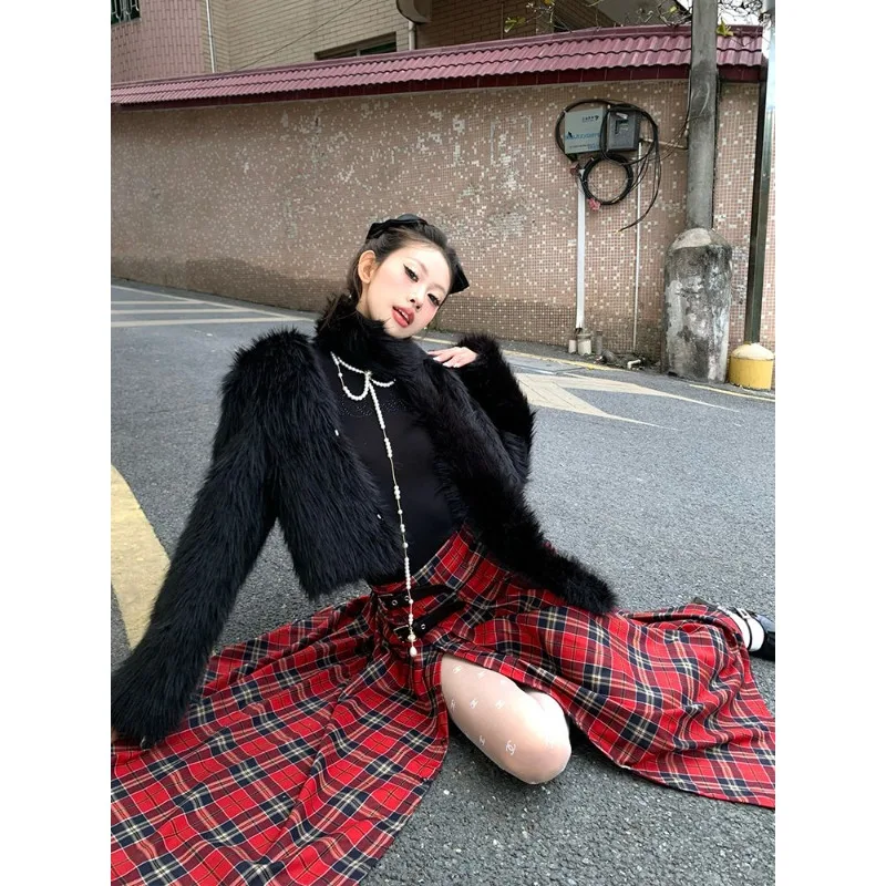 Vintage High Street Red Plaid A-Line Half-body Skirt for Women High Waist Straight Mid-Length Split Skirts Streetwear Y2k Skirt