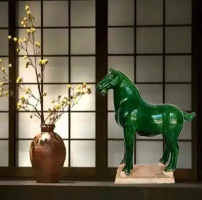 Tri-colored glazed ceramic horse; Chinese style ancient home decor; living room ornaments; office decoration.