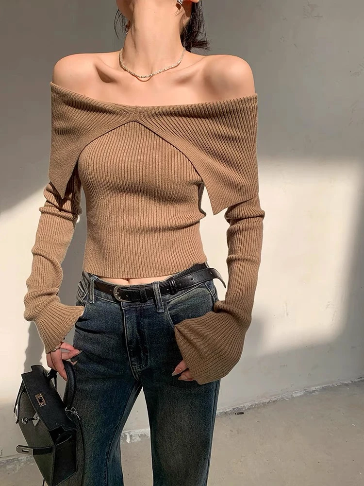 Autumn Winter Women Sweaters Casual Long Sleeve Knitted Pullover Sweater Basic Solid Sexy Off Shoulder Crop Top Fashion Clothes