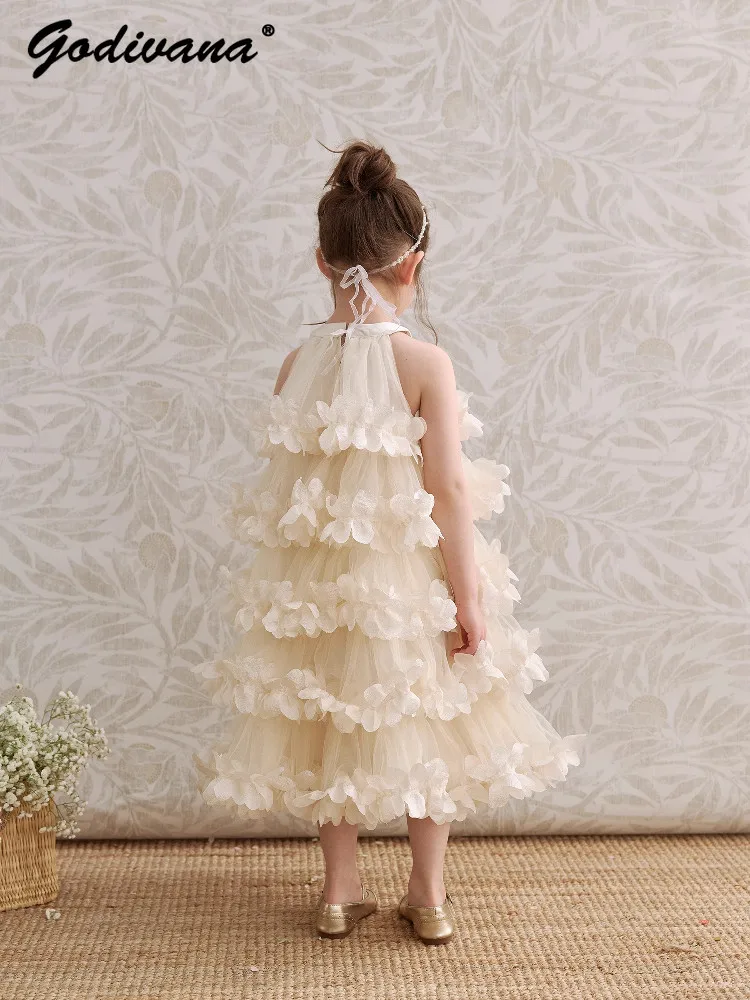 Baby Girls 2026 New Summer Halter Princess Dress Childrens Korean High End Heavy Lace Floral Trim Birthday Party Tutu Sundress