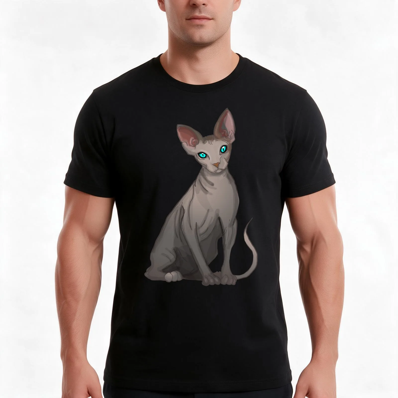 Hairless Cat Sphinx Blue eyes Grey print pink background T-Shirt, Summer Casual Cotton Tee, Oversized Streetwear Tops