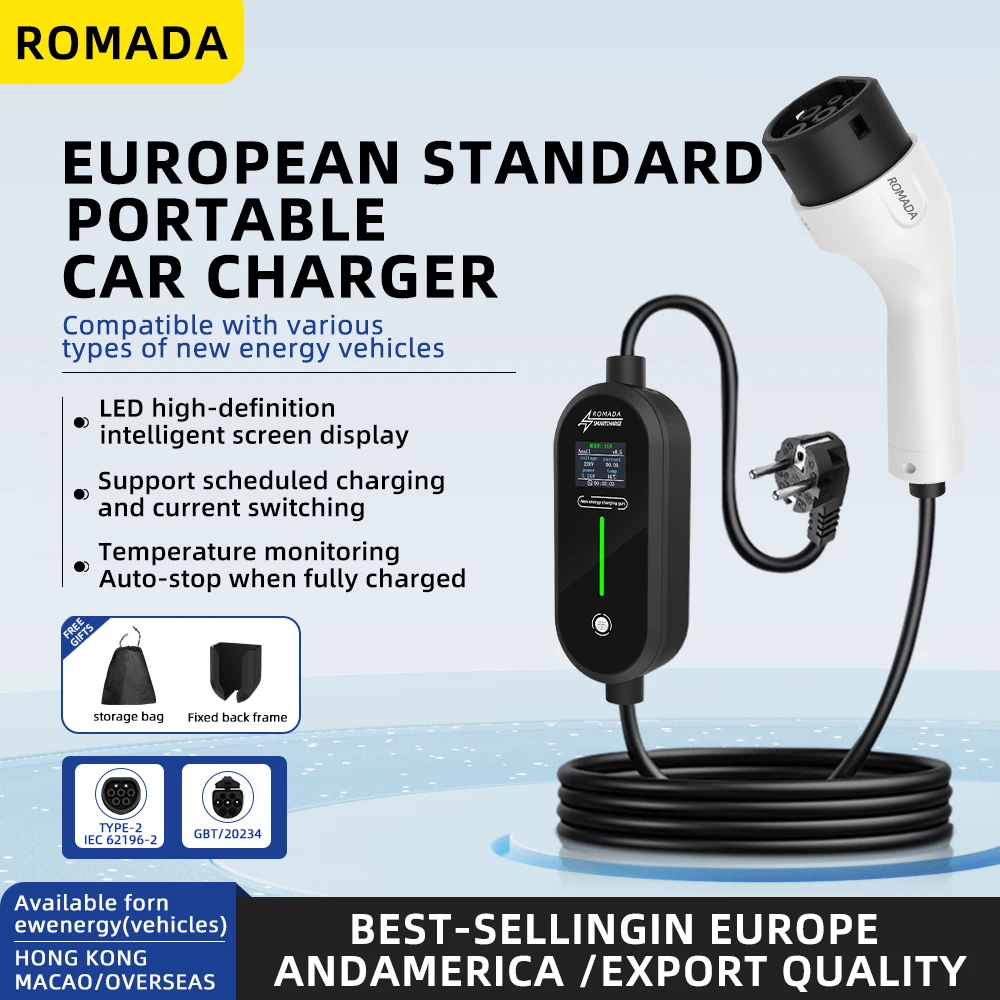 EV Portable Charger Type2 / GB/T Plug Connector 16A 1Phase 3.5KW 5M-15M Wallbox Charging Station for Electric Vehicle ﻿