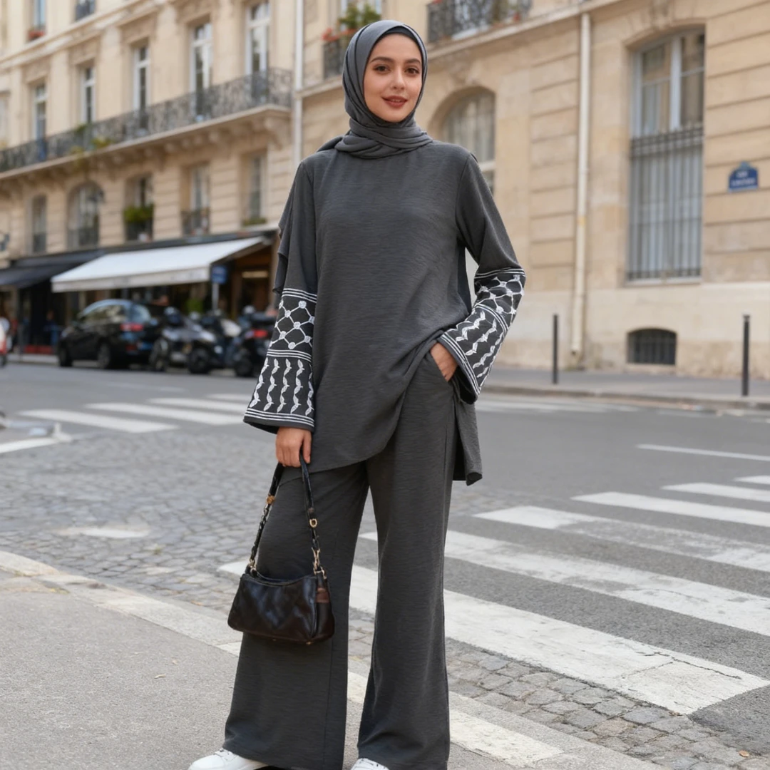 

Женский комплект из 2 предметов, топ, широкие брюки, скромный мусульманский костюм Ид, марокко, Дубай, наряды, топы с вышивкой на Рамадан, брюки, ансамбль