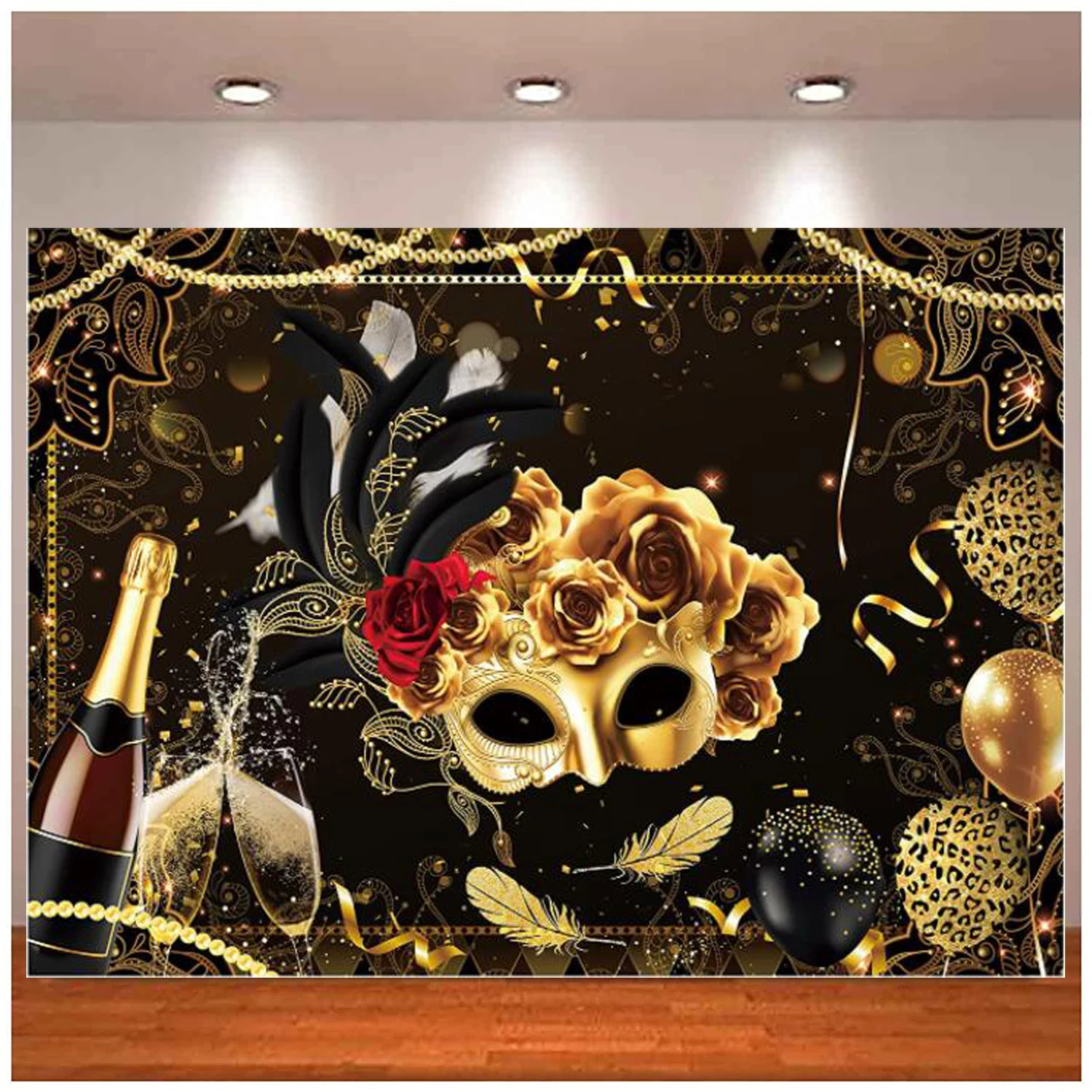 Masquerade Party Photography Backdrop, Máscara, Champanhe, Fiesta, Mardi Gras, Dança, Aniversário Rose, Magic Party Decoration