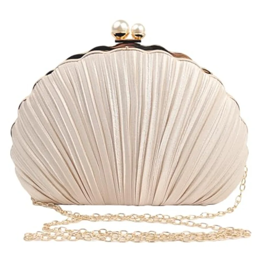

Women Mini Pleated Seashell Evening Clutch Handbag, Clutch Bag, Pearl Clutch, With Chain Strap