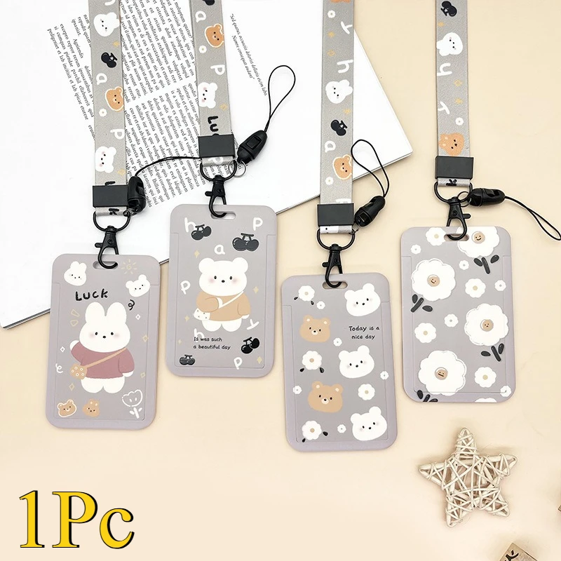 

1Pc Cartoon Bear Rabbit Pattern ID Badge Holder with Lanyard - Durable Plastic, Ideal for Doctors, Nurses