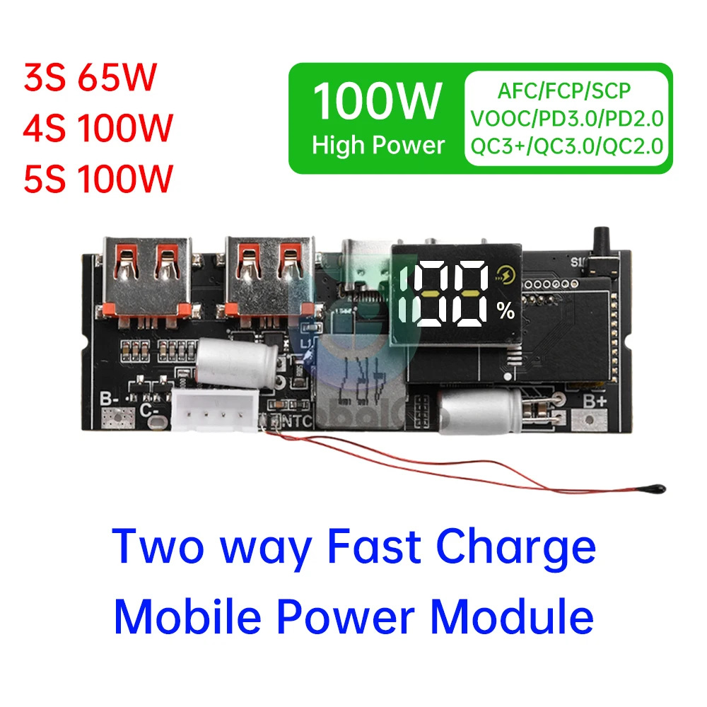 Banco de Potência com Porta Dupla tipo c Carga Rápida em Dois Sentidos Módulo de Energia Móvel Placa-mãe Faça Você Mesmo 3s 4s 5s qc pd Pps Scp Vooc 65w 100w
