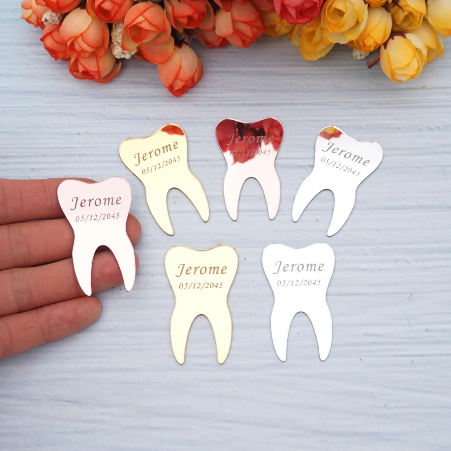 5pcs/Lot Cute Funny Tooth Shape DIY Acrylic Mirror Sticker Customized Name & Date First Tooth Babyshower Gift Decor 5*3CM