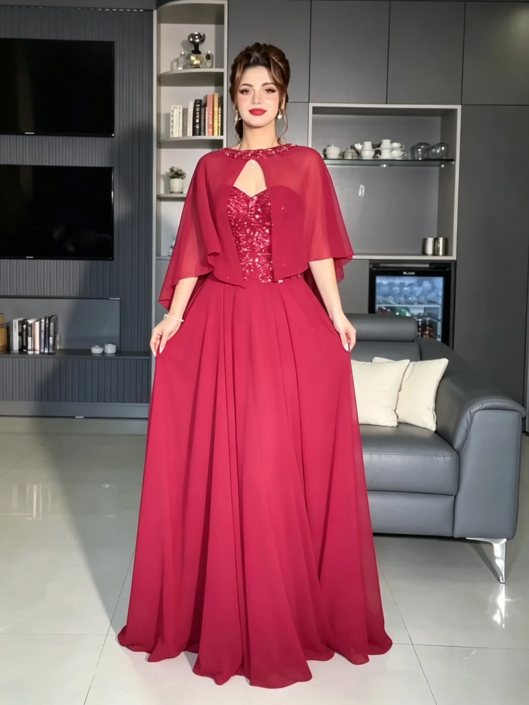 Women Dresses Burgundy Chiffon Long Evening Dress Sequin Heart Neck Formal Gown With Cape Ladies Wedding Party Dresses