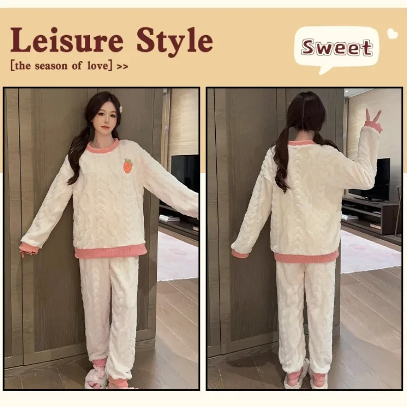 5XL Large Size Women Flannel Pajamas Loose Fit Thickened Coral Fleece Sweet Winter Home Clothes Korean Student Cartoon Outerwear