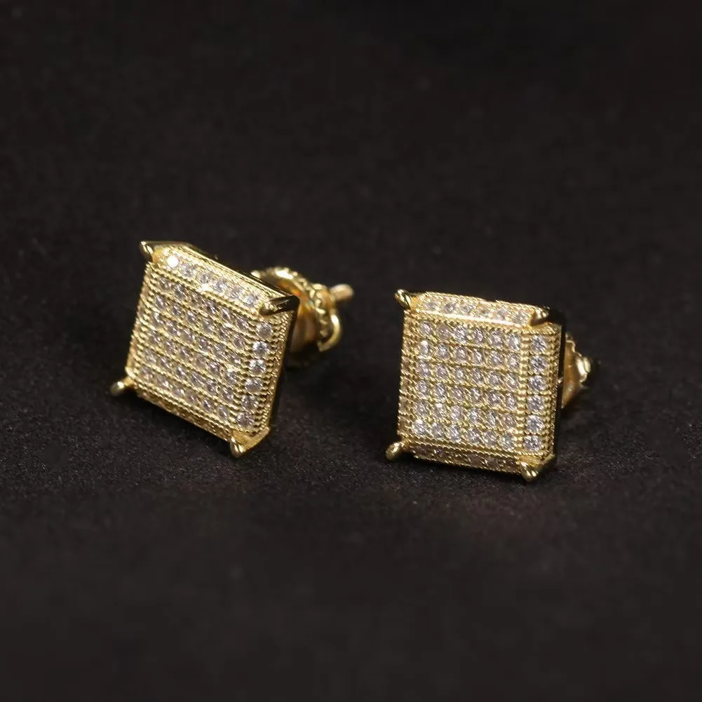 TrendMen Hiphop Rock Square Cubic Copper Zirconia Stud Earrings For Men Boy Gold Color Metal Crystal Earring Party Ear Jewelry