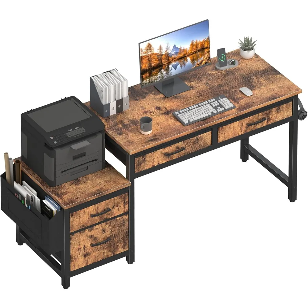 

Computer Desk with Fabric File Drawers Cabinet, 57 Inch Home Office Desks with Filing Cabinet Printer Stand for Small Space, St
