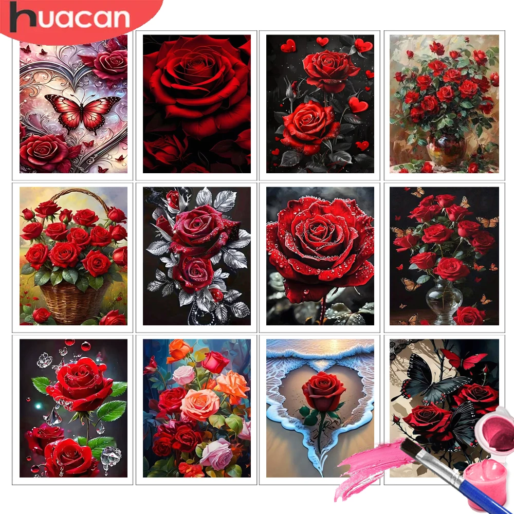 HUACAN Malen nach Zahlen für Erwachsene, rosarote Blumenbilder, Zeichnen auf Leinwand, handgemachte 5D-DIY-Geschenk-Dekorationsgemälde