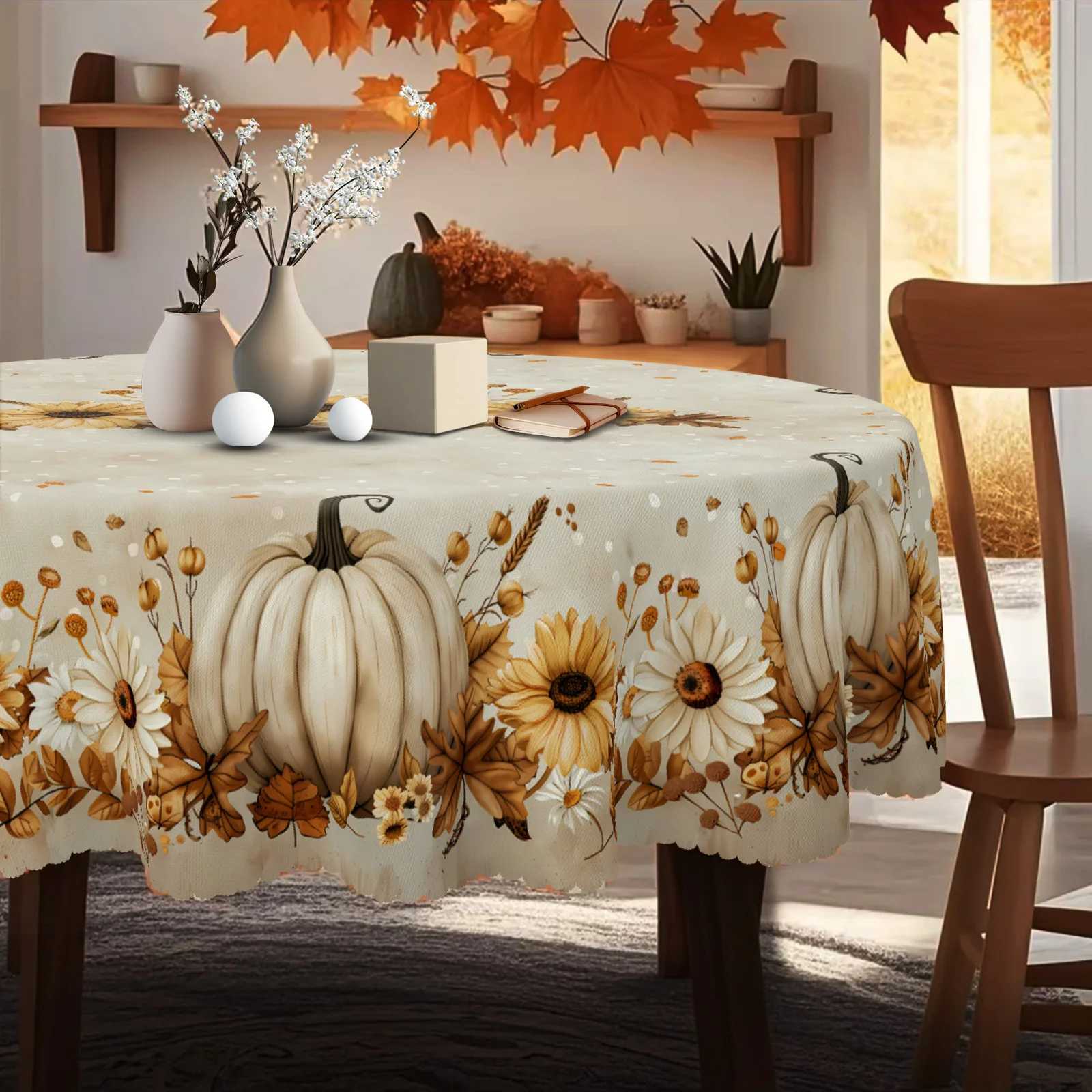 Thanksgiving tablecloth, with a vintage design featuring pumpkins, flowers and autumn leaves, depicting an autumn scene.