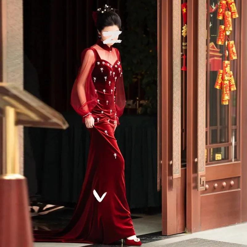 

Ele Velvet Wedding Dr Long Tail Fi Tailed Gown for Bridal ower And Wedding Day New Arrivals Autumn Winter 2025