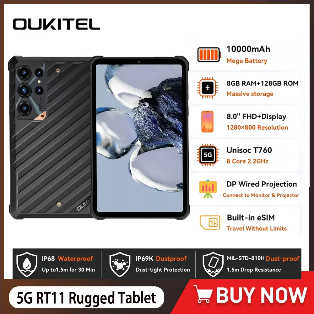 OUKITEL RT11 Rugged Tablet PC 8'' Android Outdoor Tablet 8MP 5G ESIM Tablet IP68 IP69K Waterproof Shockproof 10000mAh Battery