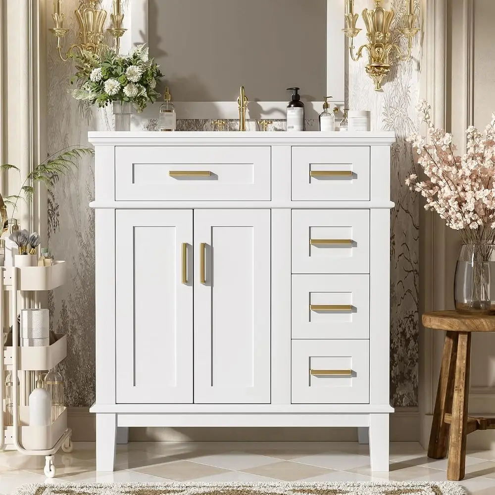 

30 White Solid Wood Bathroom Vanity with 2 Soft-Closing Doors and 2 Drawers
