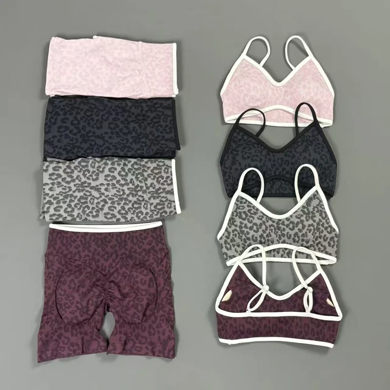 2 Pieces Leopard Print Sports Sets Contrastline Removable Pad Bra Sculpt Scrunch Shorts Suit Gym Workout Seamless Fitness Set