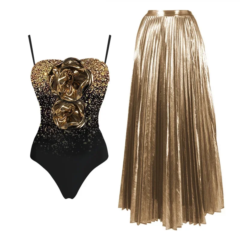 2025 Gold Glossy One Piece Swimsuit and Skirt for Women One Shoulder 3D Flower Swimwear Female Shiny Monokini Beach Bathing Suit