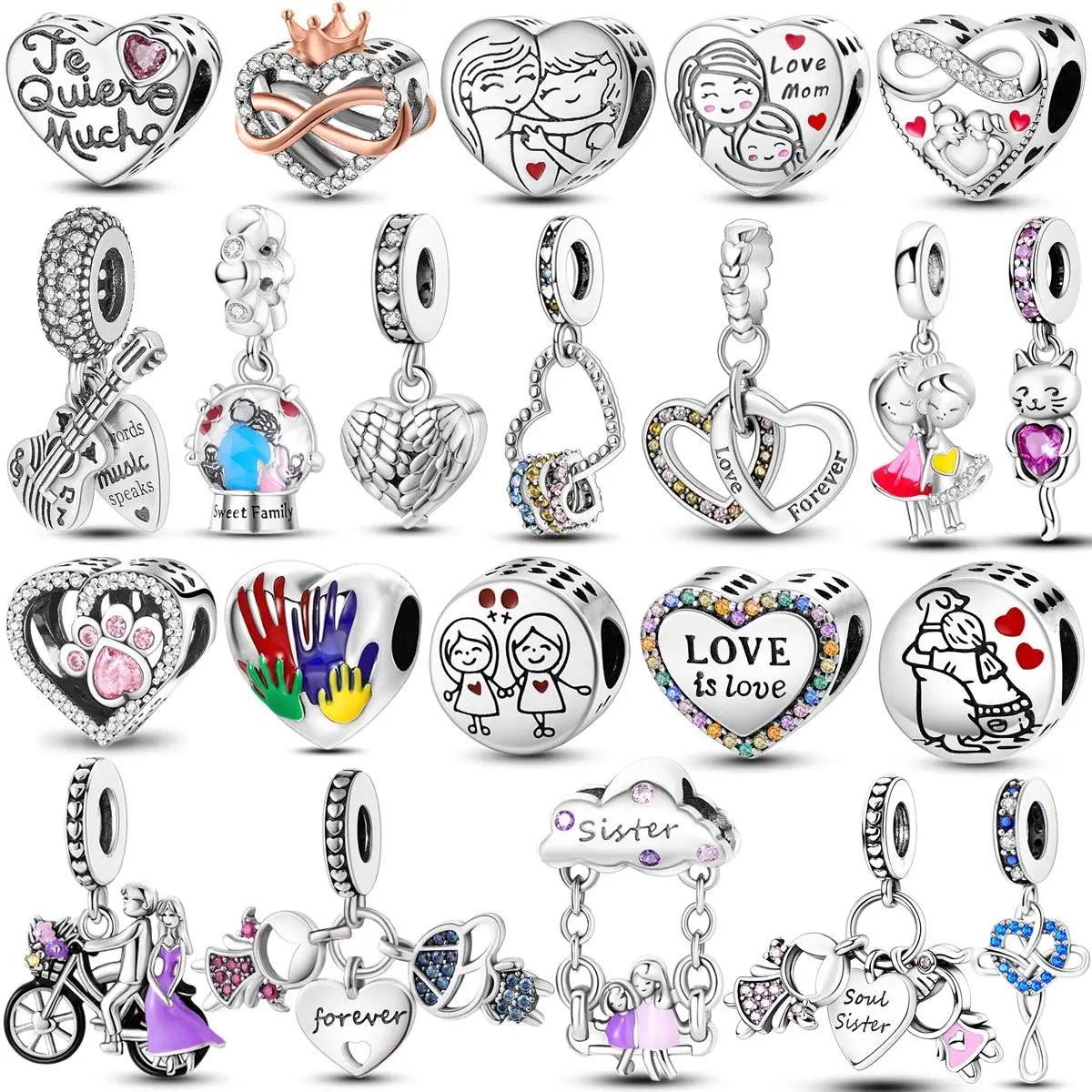 Silver Plated Colorful Love Heart Shape Charm Beads Lover Girl Boy Dangle Fit Bracelet Necklace Jewelry Marking