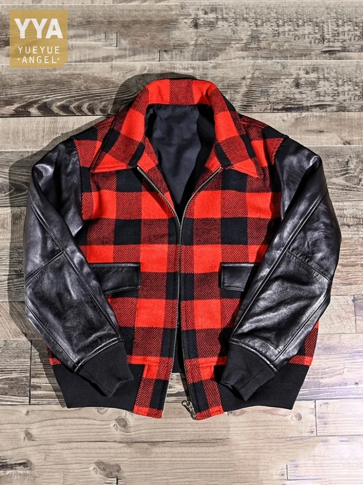 

Japanese Retro Woolen Plaid Jacket Men Patchwork Long Sleeve Genuine Leather Coat Spring Loose Turn-Down Collar Bomber Jackets