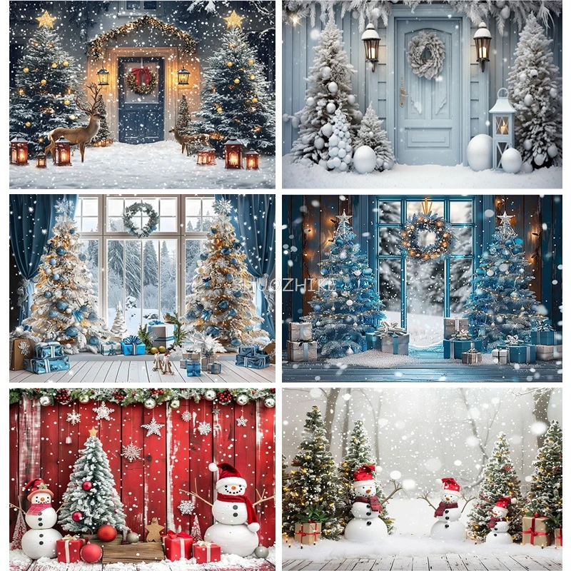 

Christmas Tree With Gift Boxes Photography Backdrops Winter Snow Decorations Wooden Door Fireplace Room Background Props WR-19