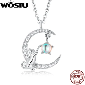 WOSTU 925 เงินสเตอร์ลิงน่ารักแมวกระต่ายสร้อยคอ Star Zircon Moon จี้สร้อยคอผู้หญิงเครื่องประดับ Fine ของขวัญปรับ CQN486