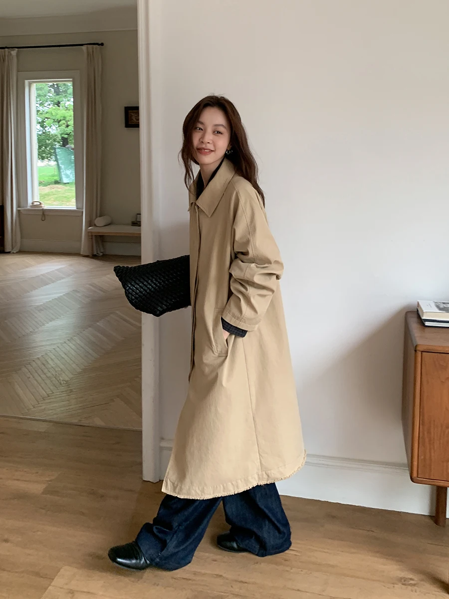 

Classic Sixi Women's Long Coat Jaet Turn-down Collar Windbreaker Outerwear Mid-length Korean Sle Loose Fit Autumn Coat