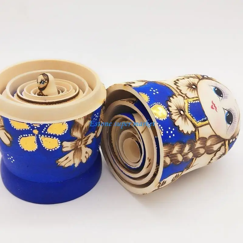 090B 7 stks Blauwe Russische Nesting Dolls Houten Matryoshka Speelgoed voor Kinderen Kids Gift