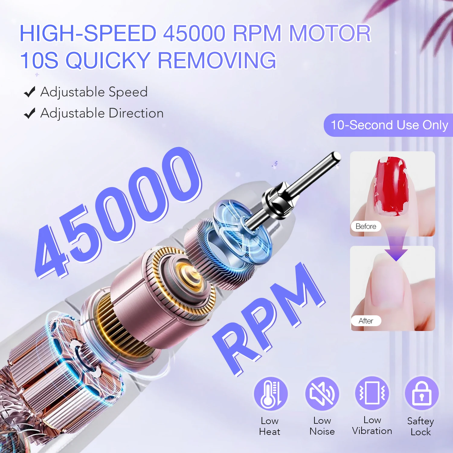 45000RPM Electric Nail Drill  Rechargeable Nail Grinder Professional Manicure Tool  With 8-color Dazzling Light For Salon Home