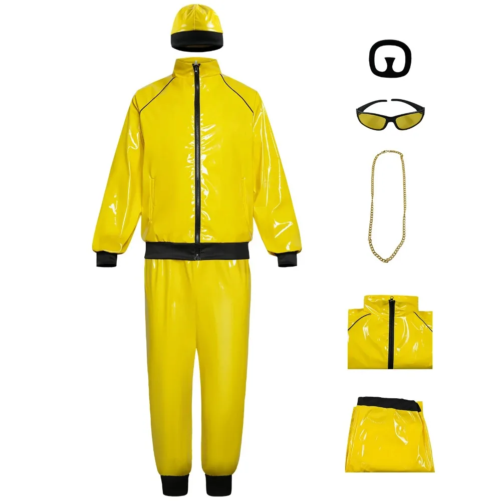 

80S 90S Disco Vintage Rap Yellow Glossy Patent Leather Hip Hop Stage Performance Jacket Pants Hat Sportswear Halloween Party