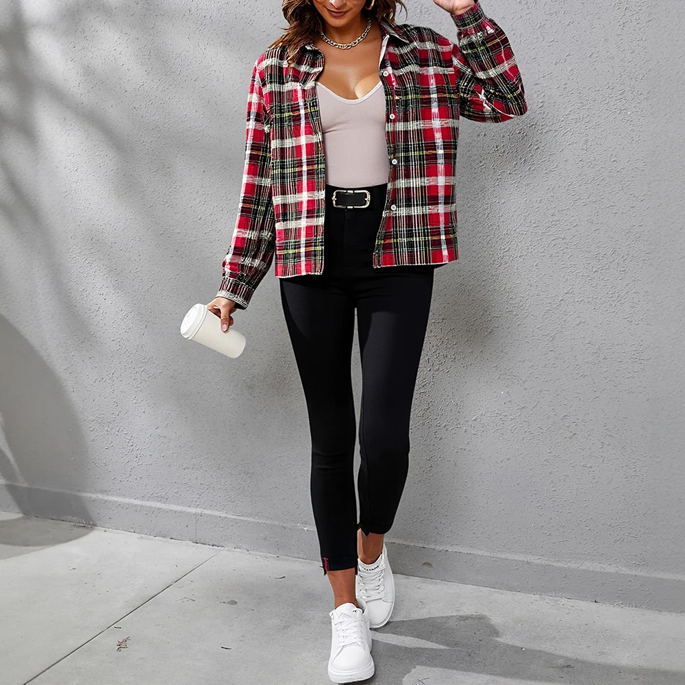 

Mia Muse Women's Shirts Autumn 2025 Classic Plaid Print Open Front Cuff Sleeve Lapel Casual Shirts