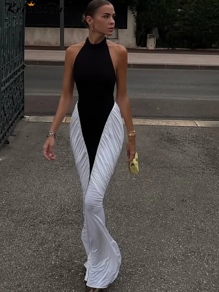 Kricesseen Sexy Damen-Maxikleid mit Neckholder, Farbblock, gerüscht, figurbetont, für Damen, Patchwork, formelles Partykleid
