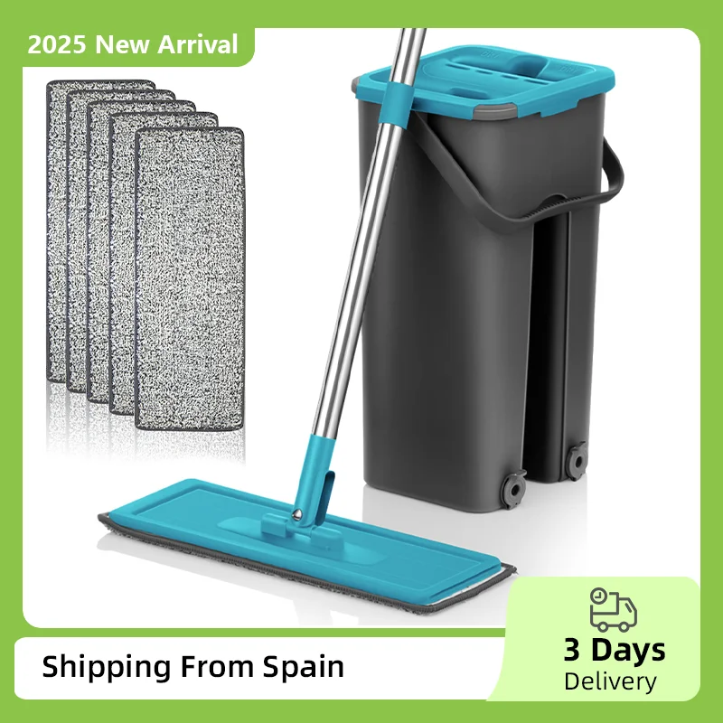 Flat Squeeze Mop with Spin Bucket Hand Free Wringing Floor Cleaning Microfiber Mop Pads Wet or Dry Usage on Hardwood Laminate