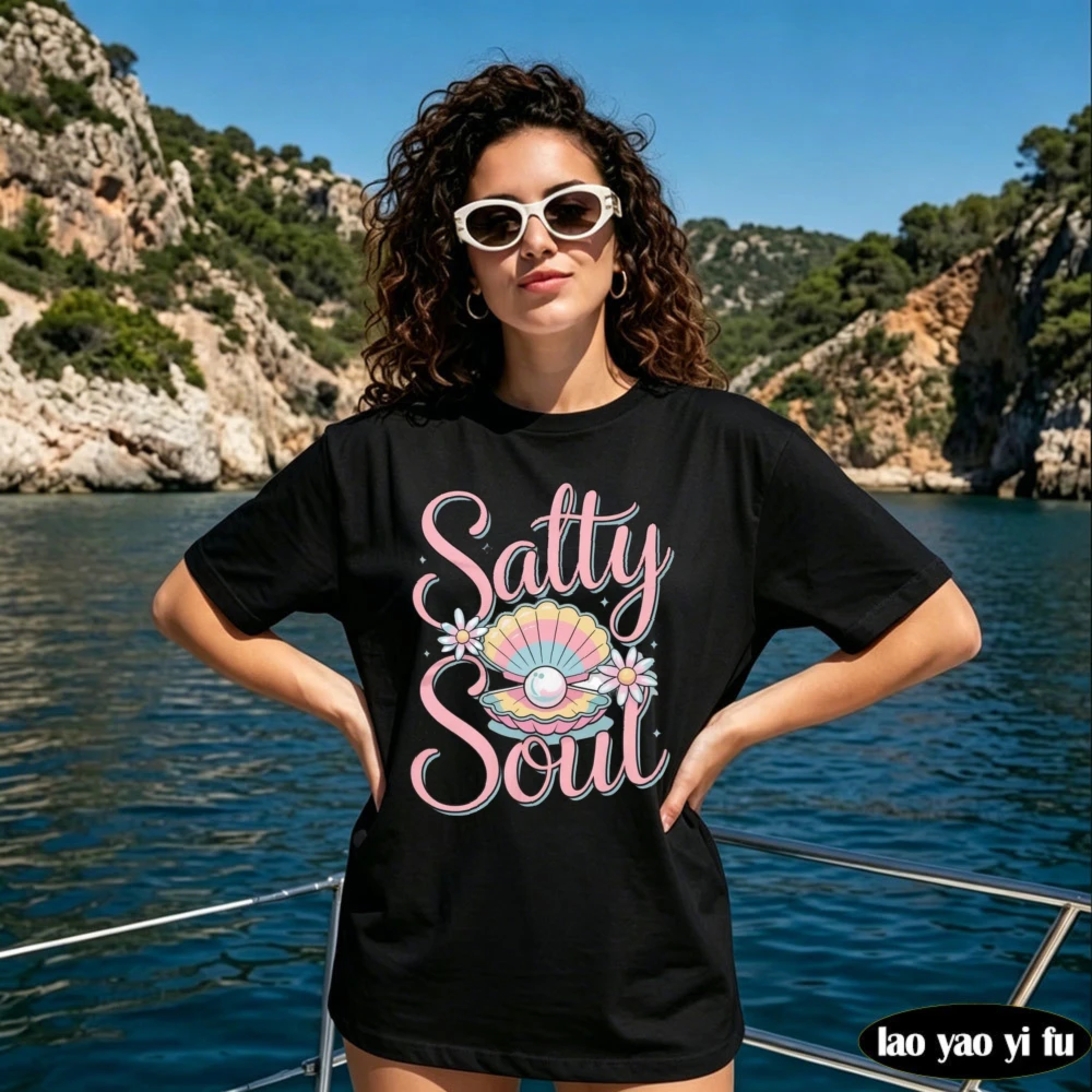 Salty Soul Seashell & Pearl T-Shirt Pastel Coastal Beach Graphic Tee Daisy Shell Summer Vibes Unisex Tops Women Clothes