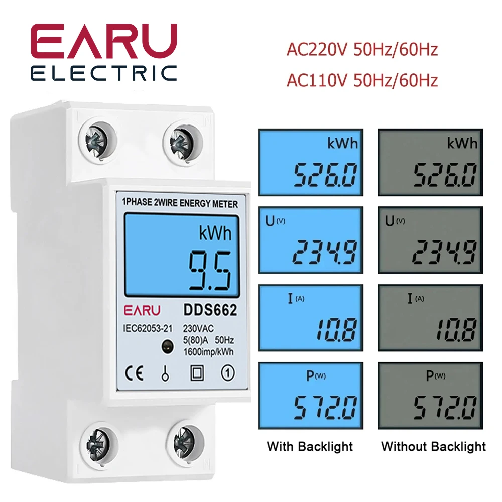 Din-rail Power Energy Meter 5-80A LCD Backlight Digital Display Single Phase Electronic Energy KWh Meter Voltmeter Ammeter Volt