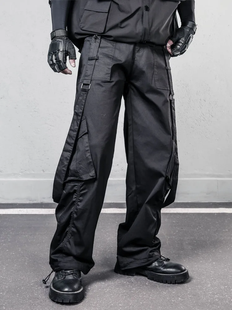 

High Street Dark Techwear Style Punk Decorative Ribbon Overalls Men's and Women's Straight Loose Hip-Hop Pleating Pants Fashion