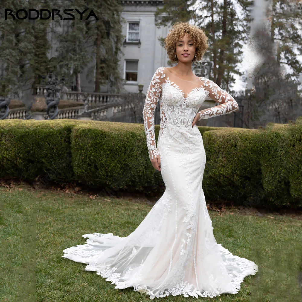 Roddrsya o - neck manches longues robe de mariée sans dos applique sirène 2024 vestidos de noRODDRSYA-Robe de mariée sirène à col rond et manches longues, robe de patients en dentelle sur mesure, appliques dos nu, 2024