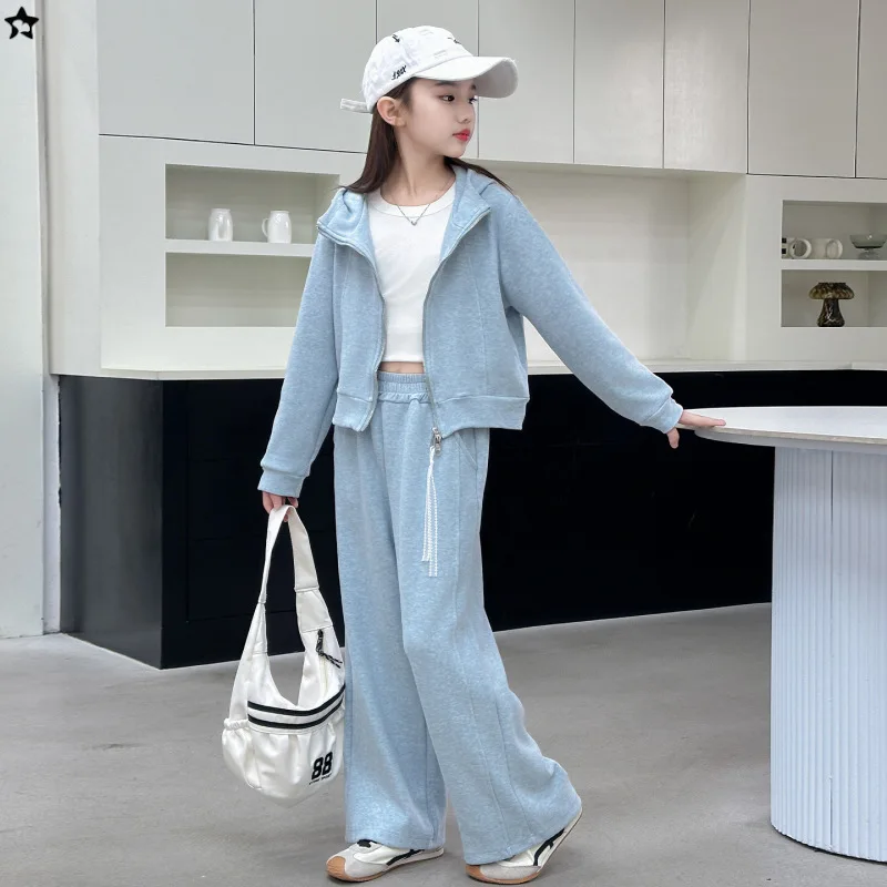 

Autumn School Girls Two-piece Sets Simple Solid Long Sleeves 4-14Y Girls Outfit Zipper Hooded Coat+Elastic Waist Sweatpant Suit