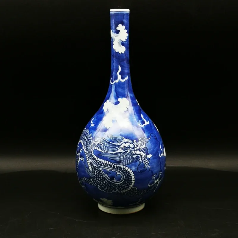 Qing Kangxi Blue White Flower Seawater Dragon Pattern Vase H-painted Antique Style Decoration Traditional Chinese