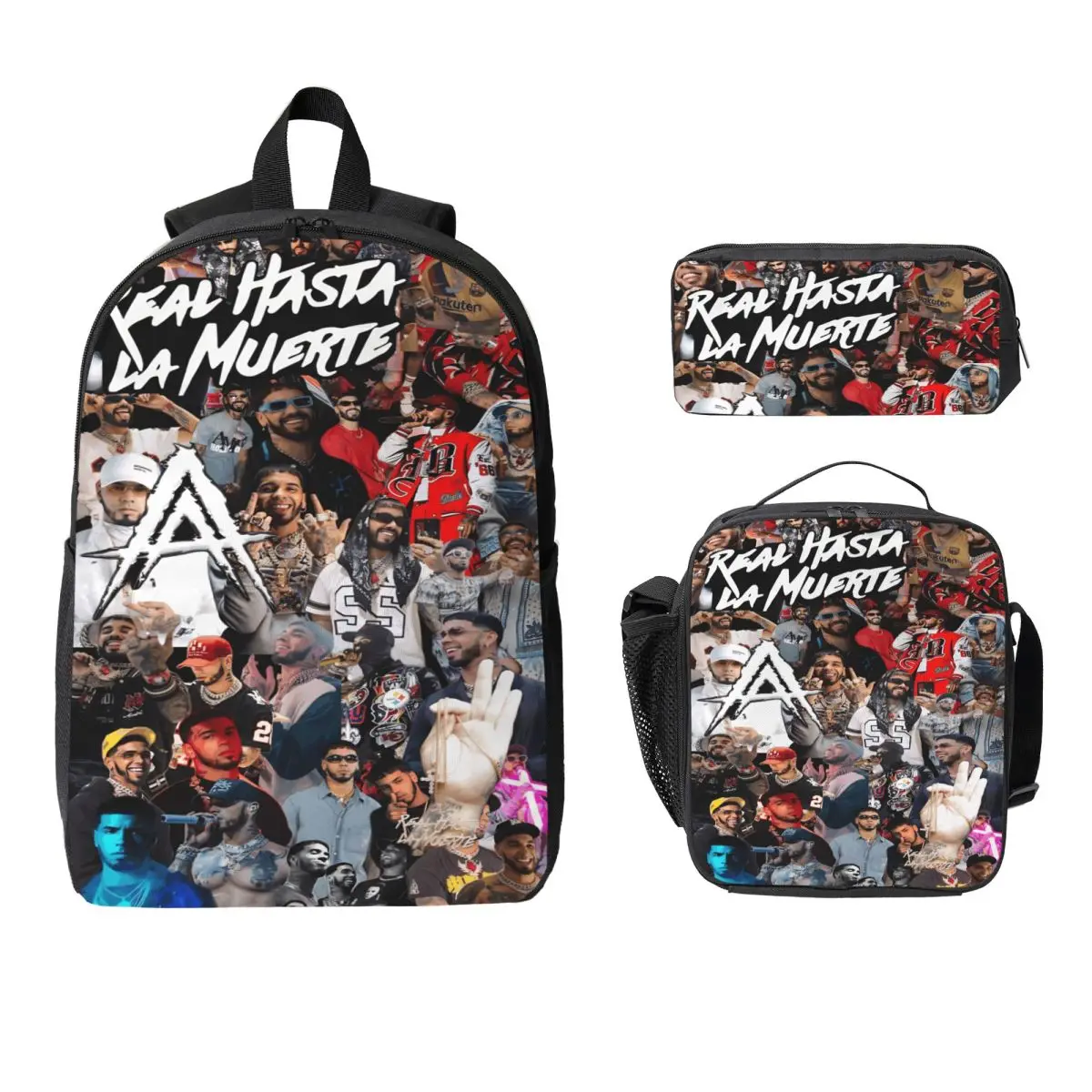 

3 шт., школьные сумки Anuel AA Rapper Singer, набор для детей, сумки для ручек, наборы рюкзаков с ланч-бокс для школьников, рюкзак