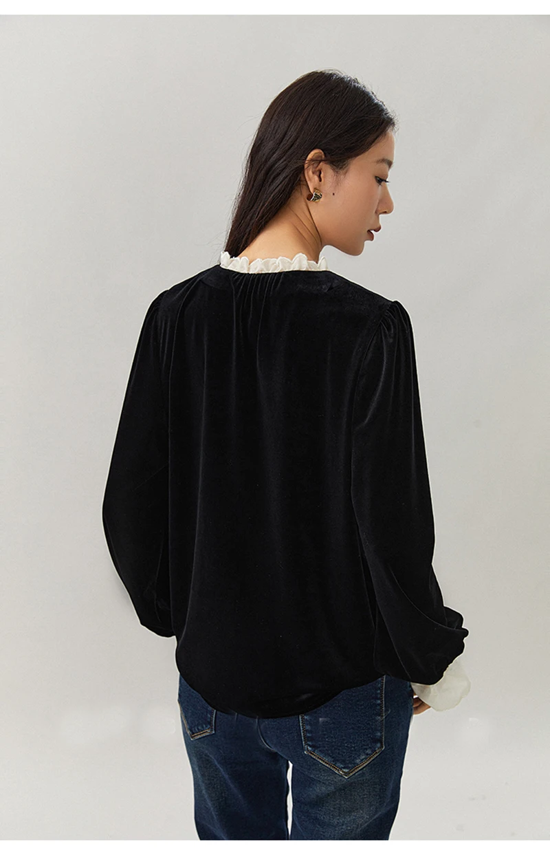 بلوزة نسائية من خيوط الحرير الطبيعي بأكمام طويلة ورقبة على شكل حرف V وحواف من الدانتيل - ملابس أنيقة وعصرية وغير رسمية وراقية