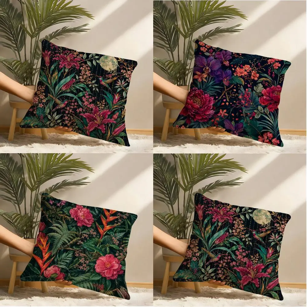 Moon & Hummingbird Floral Art Cushion Cover Natural Linen Organic Fabric Double-Sided Printing Breathable Perfect Gift For Decor