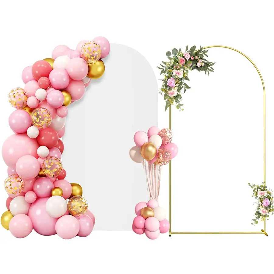 

Metal Arch Backdrop Stand and Cover Set, Gold Wedding Backdrop Arch Stand with Cover, Balloon Arch Stand with White Arch Cover f