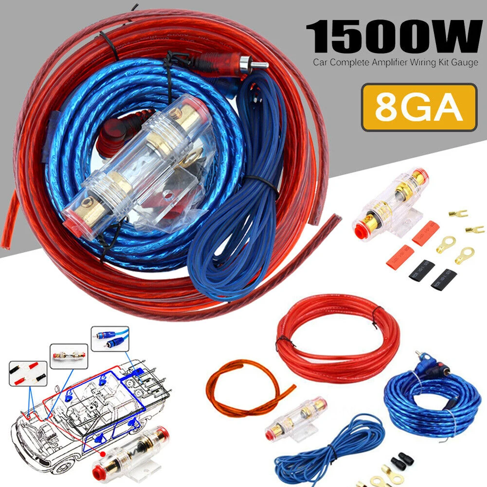 Cavo subwoofer per auto 1500/2000W 8GA Kit di cablaggio per altoparlanti audio per auto Cavo di alimentazione RCA Portafusibili da 60 AMP Linea audio per auto Ricambi auto