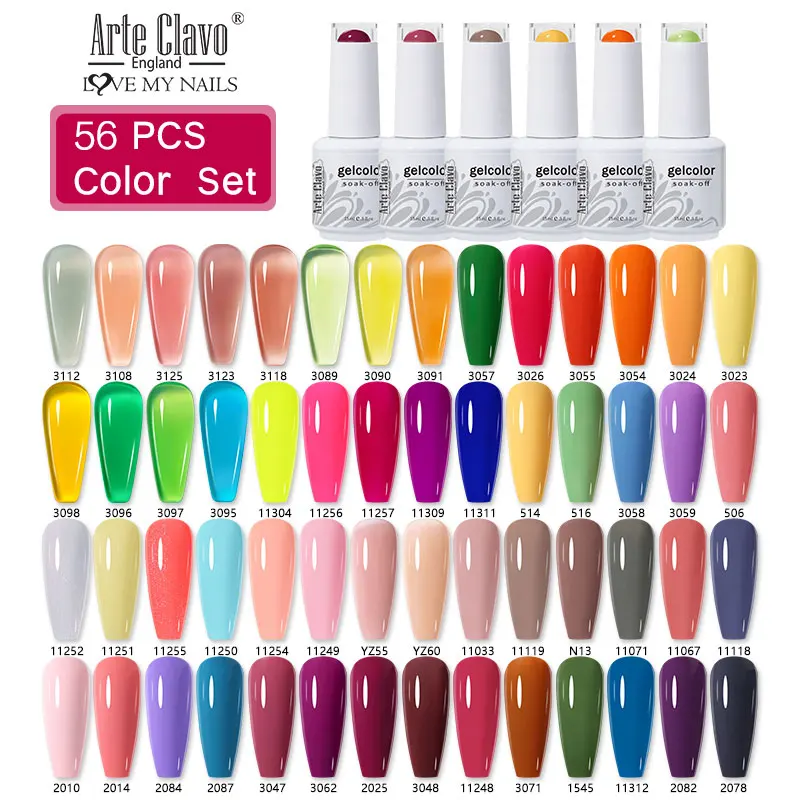 Arte Clavo 56Pcs Set 15ml Color Series Gel Nail Polish Set Semi Permanent LED UV Nail Kit Base Matte Top Coat Nail Art Manicure