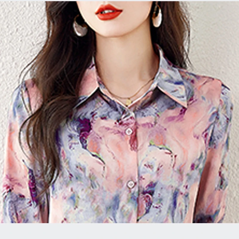Camicie di seta stampate da donna 2025 Primavera Autunno Manica lunga Risvolto Button-up Camicette casual femminili Top da donna da ufficio Camisas